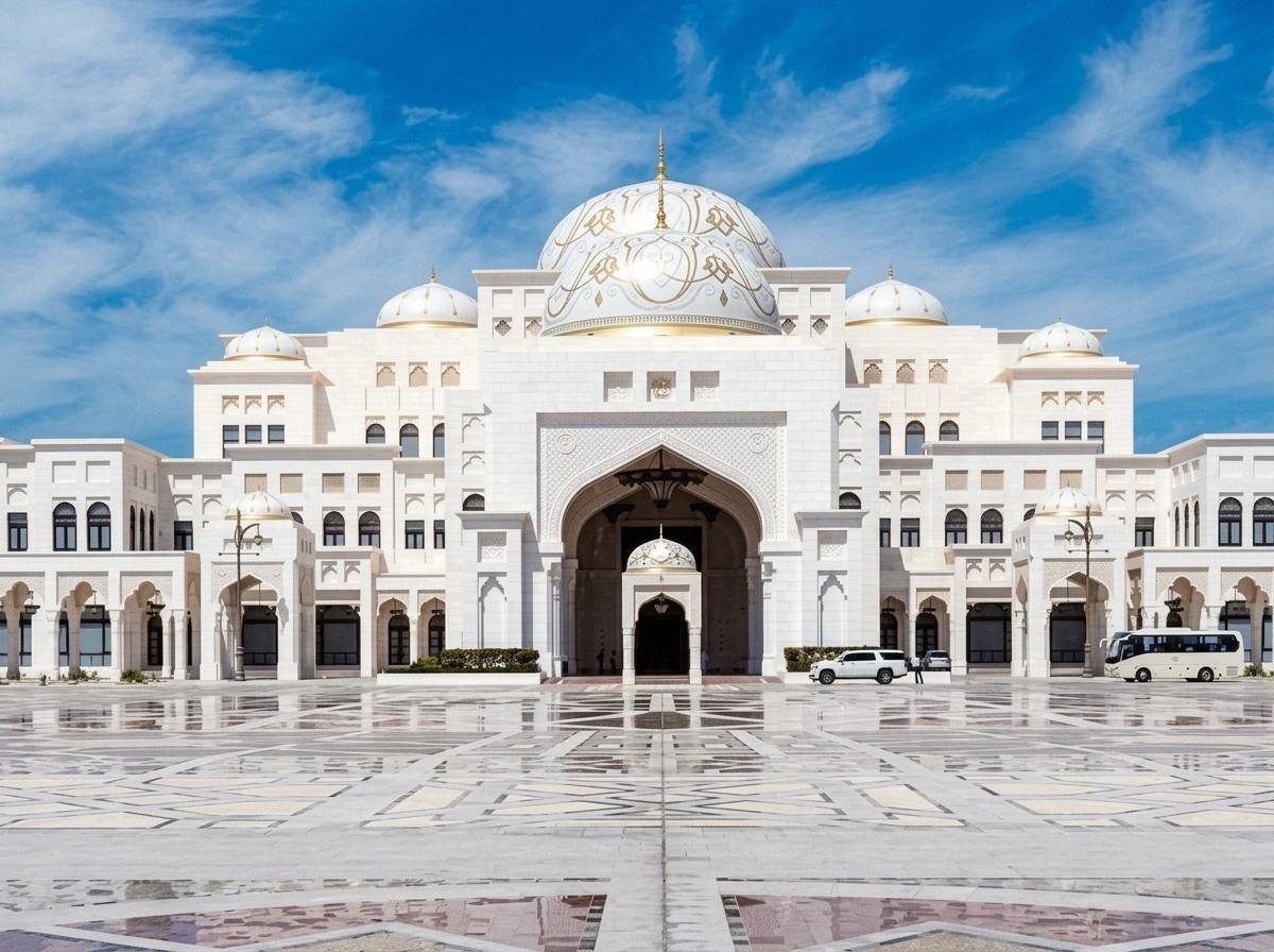 A wide daytime view of the Qasr Al Watan palace facade and its reflective marble plaza