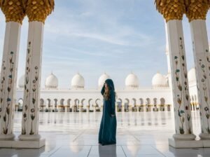 A woman in a black abaya standing among the white marble columns of a mosque courtyard