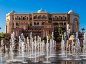 The exterior fountains in front of the Emirates Palace hotel