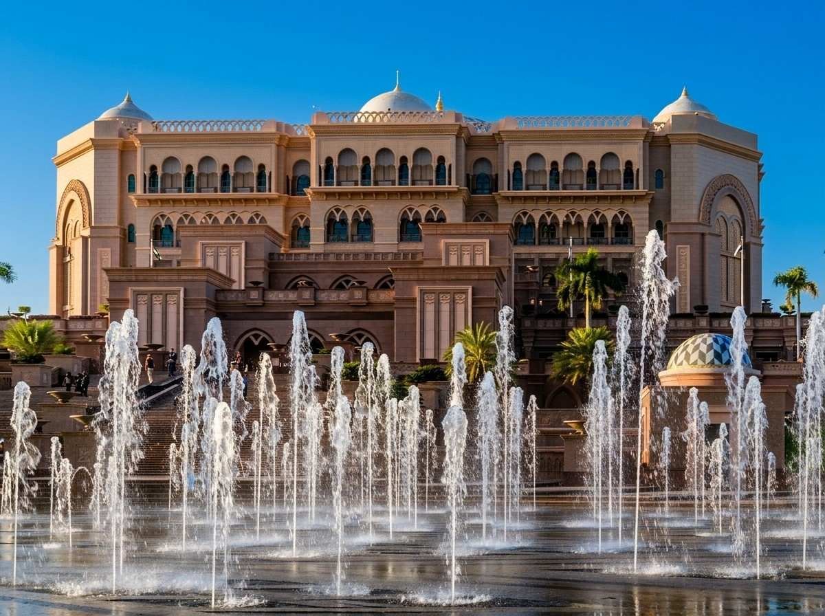The exterior fountains in front of the Emirates Palace hotel